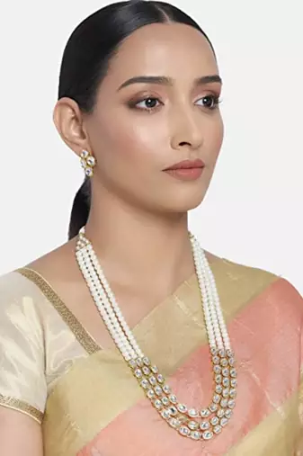 traditional stunning white kundan studded layered pearl necklace jewellery set