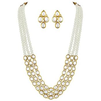 traditional stunning white kundan studded layered pearl necklace jewellery set 3