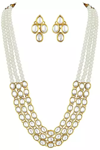traditional stunning white kundan studded layered pearl necklace jewellery set