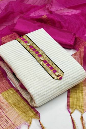 White color weaving work banarasi jacquard unstitched chudidar dress material - mrfc11111b