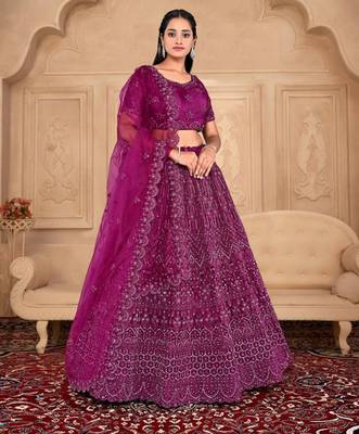 net fabric lehenga choli with zari work in wine color  1