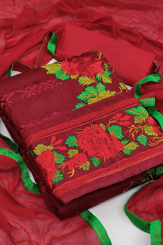 Maroon color embroidered work glass cotton unstitched chudidar dress material - mrfc11124a