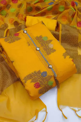 Yellow color weaving work banarasi jacquard unstitched chudidar dress material - mrfc11128b