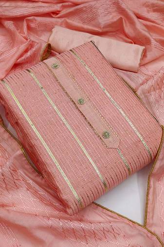 Peach color weaving work modal chanderi cotton unstitched chudidar dress material - mrfc11131a