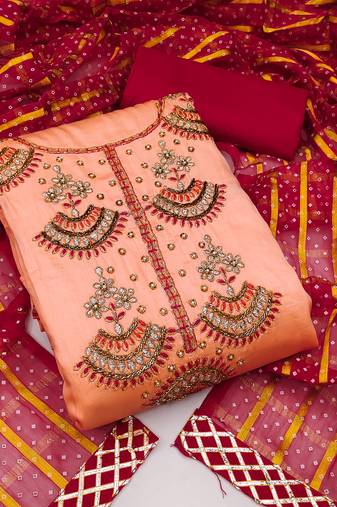 Peach color handwork work glass cotton unstitched chudidar dress material - mrfc11132a