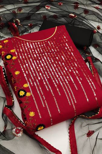Red color sequence work glass cotton unstitched chudidar dress material - mrfc11133a