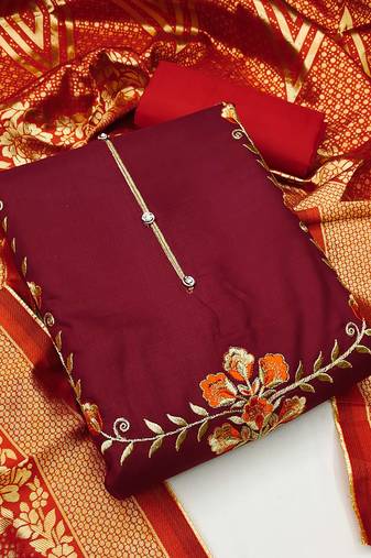 Maroon color embroidered work glass cotton unstitched chudidar dress material - mrfc11135d