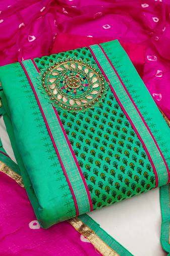 Green color handwork work modal chanderi unstitched chudidar dress material - mrfc11136a