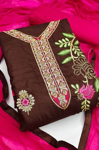 Brown color embroidered work glass cotton unstitched chudidar dress material - mrfc11137b