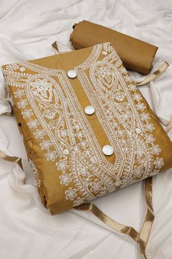 Beige color embroidered work glass cotton unstitched chudidar dress material - mrfc11137c