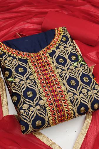 Blue color embroidered work glass cotton unstitched chudidar dress material - mrfc11137d