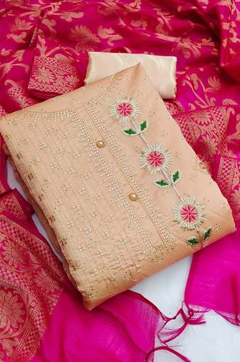 Beige color sequence work modal chanderi cotton unstitched chudidar dress material - mrfc11144b