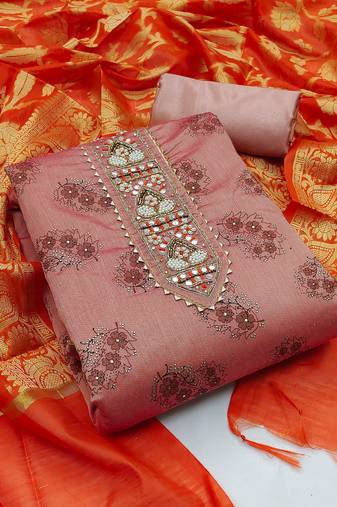 Pink color handwork work modal chanderi cotton unstitched chudidar dress material - mrfc11146d