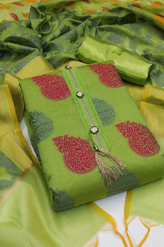 Green color weaving work banarasi jacquard unstitched chudidar dress material - mrfc11147a