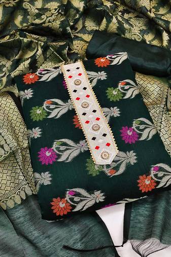 Green color weaving work banarasi jacquard unstitched chudidar dress material - mrfc11154d
