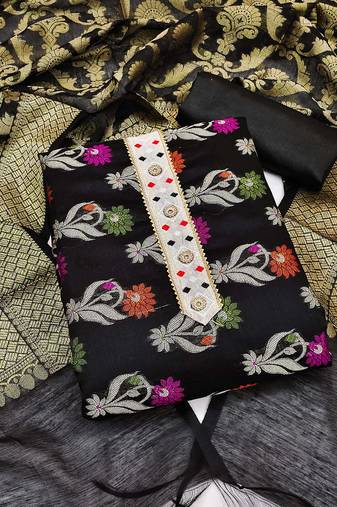 Black color weaving work banarasi jacquard unstitched chudidar dress material - mrfc11154f