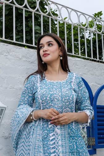 Blue Kota Doria Unstitched Hand Block Print Suits