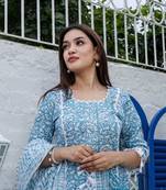 Blue Kota Doria Unstitched Hand Block Print Suits