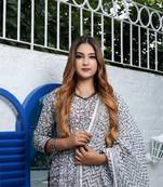 Grey Kota Doria Unstitched Hand Block Print Suits