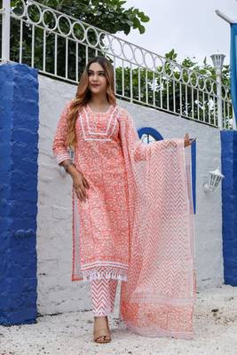 Orange Kota Doria Unstitched Hand Block Print Suits 1