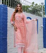 Orange Kota Doria Unstitched Hand Block Print Suits