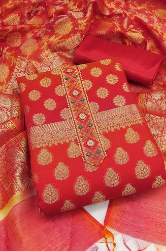 Red color weaving work banarasi jacquard unstitched chudidar dress material - mrfc11156a