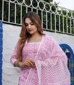 Pink Kota Doria Unstitched Hand Block Print Suits