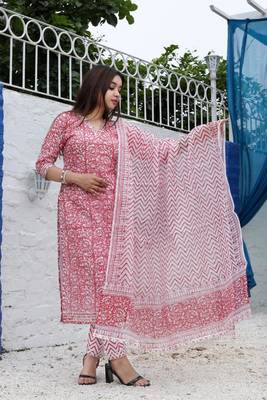 Pink Kota Doria Unstitched Hand Block Print Suits 1