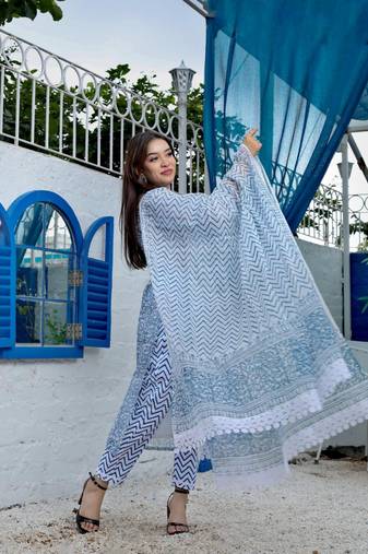 Blue Kota Doria Unstitched Hand Block Print Suits