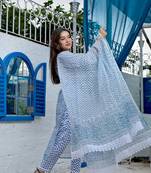 Blue Kota Doria Unstitched Hand Block Print Suits