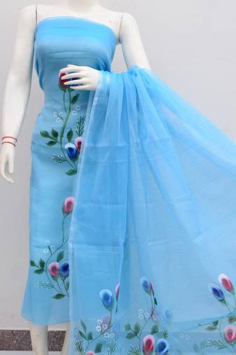 Blue Kota Doria Hand Painting Suits