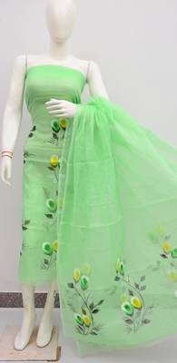 Green Kota Doria Hand Painting Suits 1