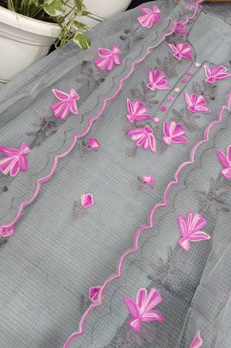 Grey Kota Doria Threads (Aari) Work Suits