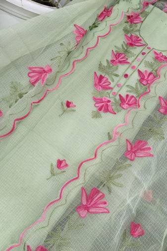 Green Kota Doria Threads (Aari) Work Suits