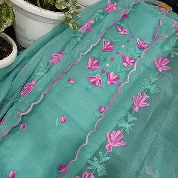 Teal Kota Doria Threads (Aari) Work Suits 1