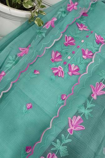 Teal Kota Doria Threads (Aari) Work Suits
