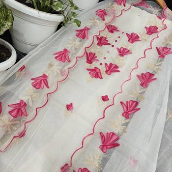 White Kota Doria Threads (Aari) Work Suits 1