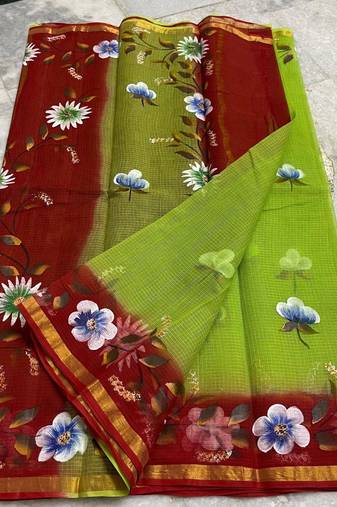 Pure Cotton Kota Doria Hand Painting Sarees