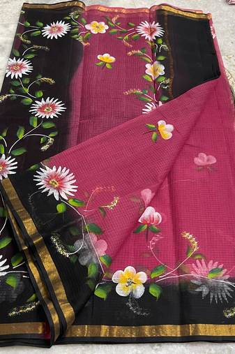 Multicolor Pure Cotton Kota Doria Hand Painting Sarees