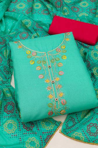 Sea green color embroidered work cotton unstitched chudidar dress material - mrfc11162d