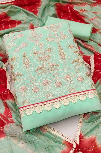 Sea green color thread work work georgette unstitched chudidar dress material - mrfc11171c