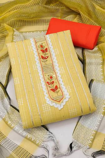 Yellow color hand work work cambric cotton unstitched chudidar dress material - mrfc11180b