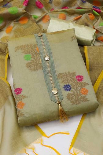 Beige color weaving work banarasi jacquard unstitched chudidar dress material - mrfc11182a