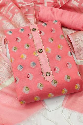 Peach color weaving work banarasi jacquard unstitched chudidar dress material - mrfc11188a