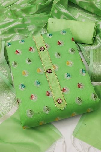 Green color weaving work banarasi jacquard unstitched chudidar dress material - mrfc11188b