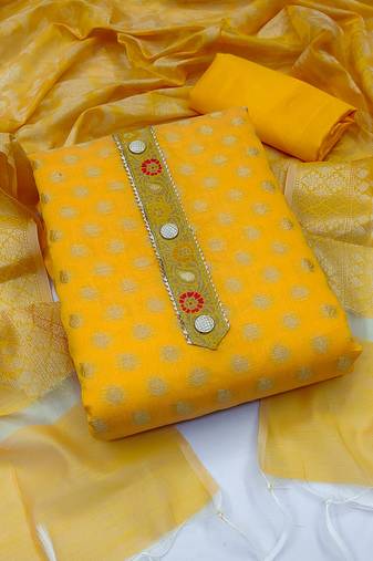 Yellow color weaving work banarasi jacquard unstitched chudidar dress material - mrfc11193b