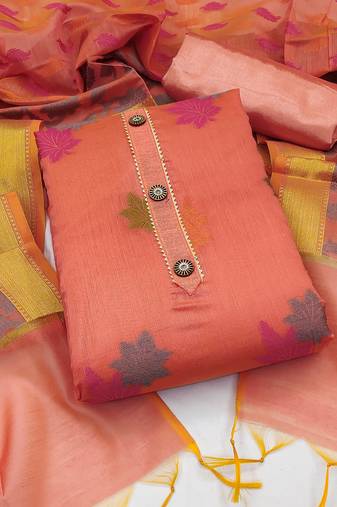 Light red color weaving work banarasi jacquard unstitched chudidar dress material - mrfc11199a