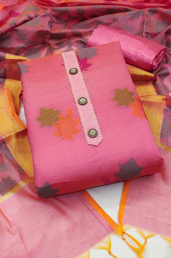 Pink color weaving work banarasi jacquard unstitched chudidar dress material - mrfc11199c