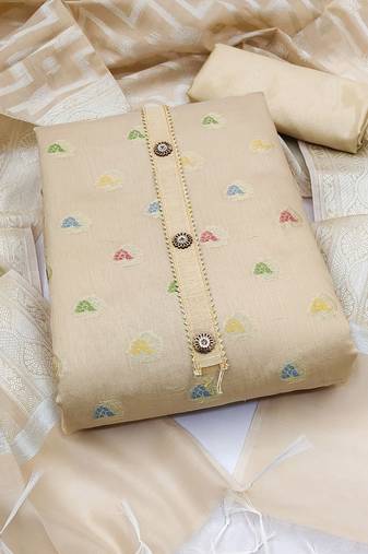 Beige color weaving work banarasi jacquard unstitched chudidar dress material - mrfc11202a