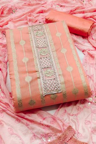 Peach color weaving work banarasi jacquard unstitched chudidar dress material - mrfc11205a